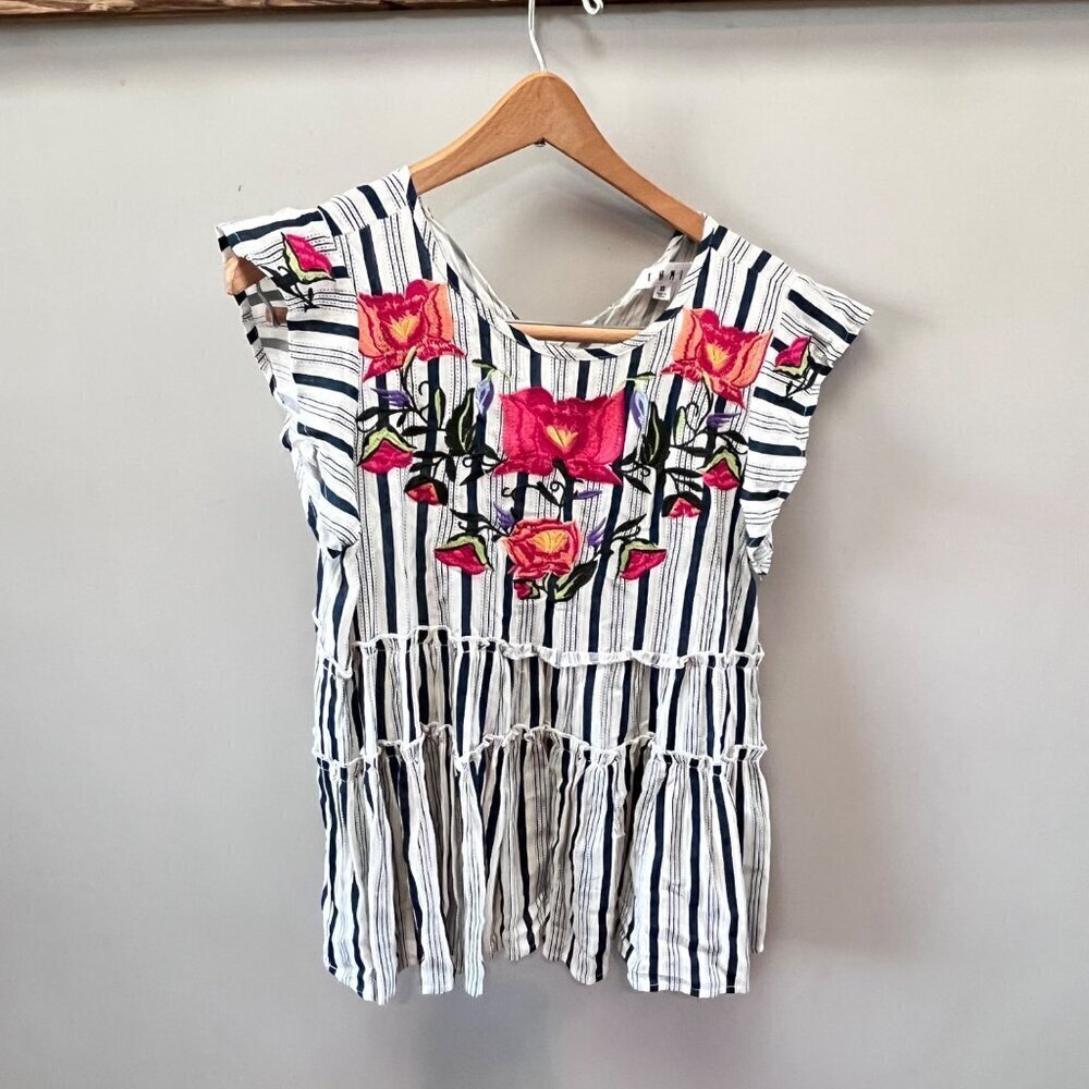 THML Floral Embroidered‎ Striped Top- Size XS